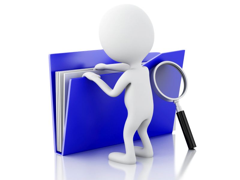 3d renderer image. White people examines blue folder. Isolated white background